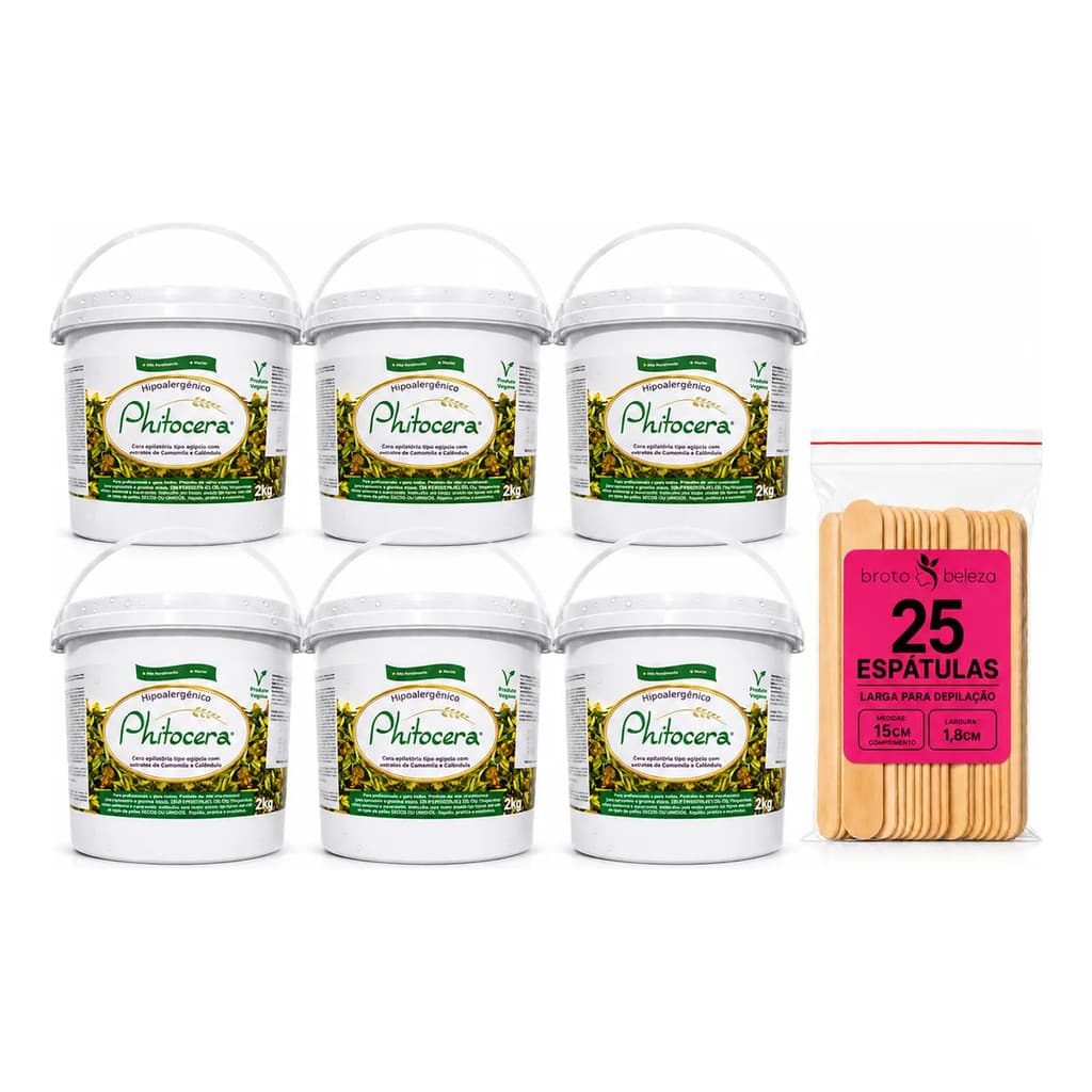 Kit 6 Cera Depilatória Phitocera 2kg Hipoalergênica 25 Espatulas