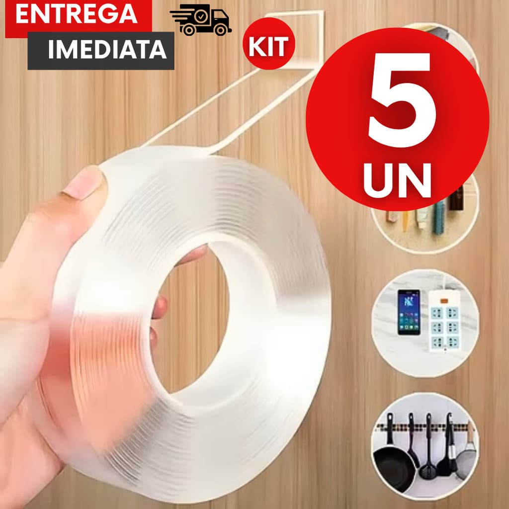 Kit Fita Dupla Face Transparente Forte 4,5m x 1,8cm Multiuso Fixação Prática Alta Aderência