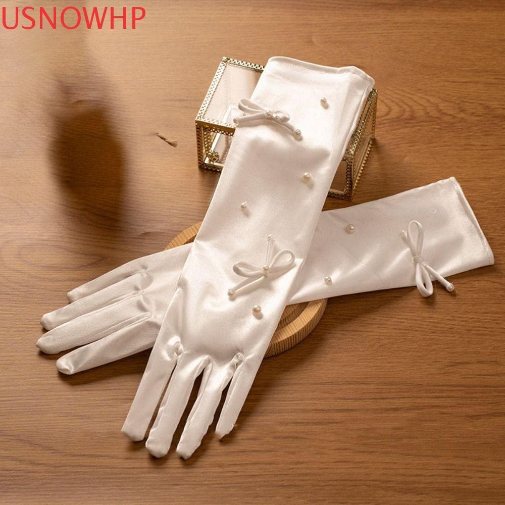 Luvas Longas De Cetim USNOWHP , De Noiva Vintage De Renda Para Casamento Dedo Longo Brancas Elásticas Doces