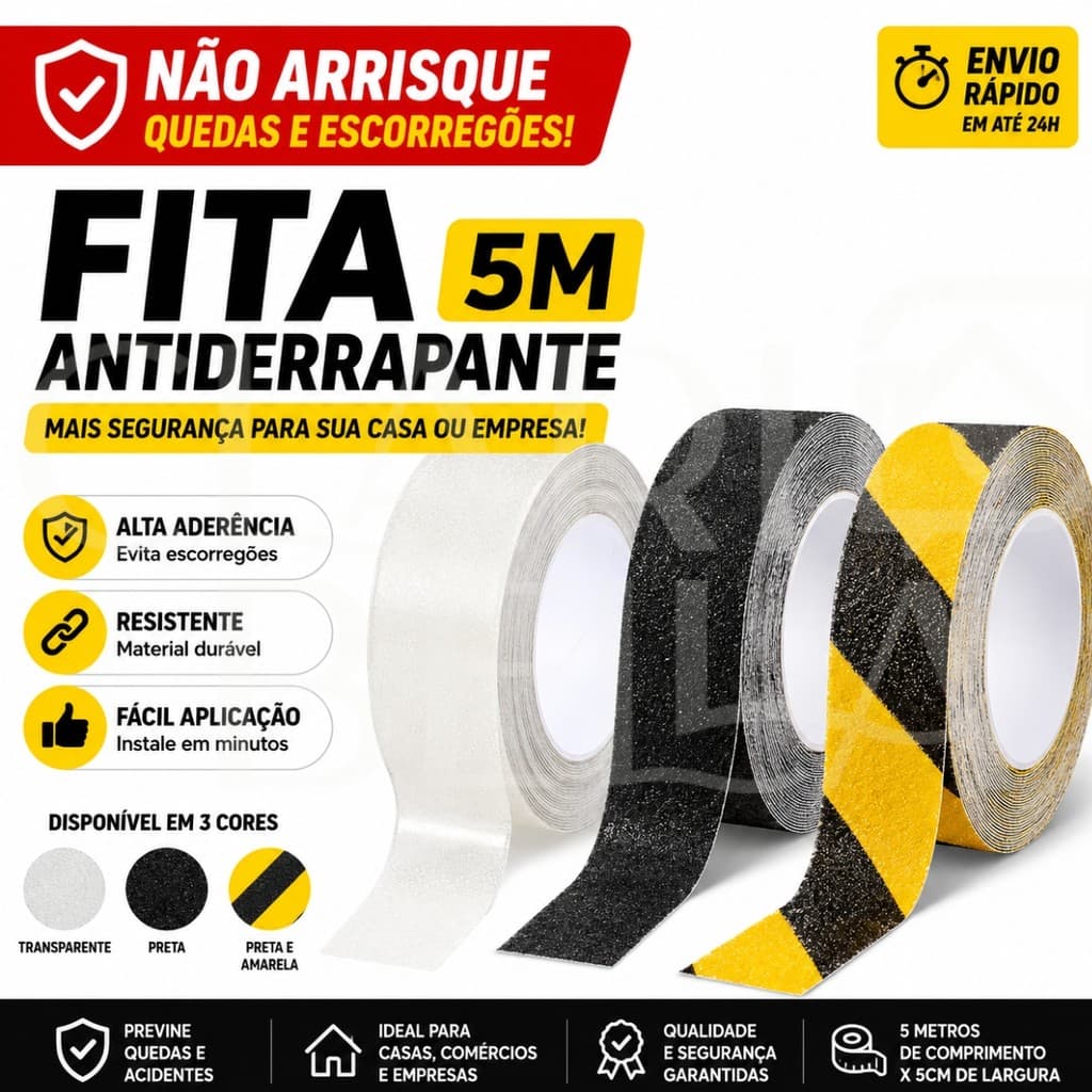 Fita Antiderrapante 5m Transparente Preta Ou Zebrada Segurança Escadas Pisos Rampas