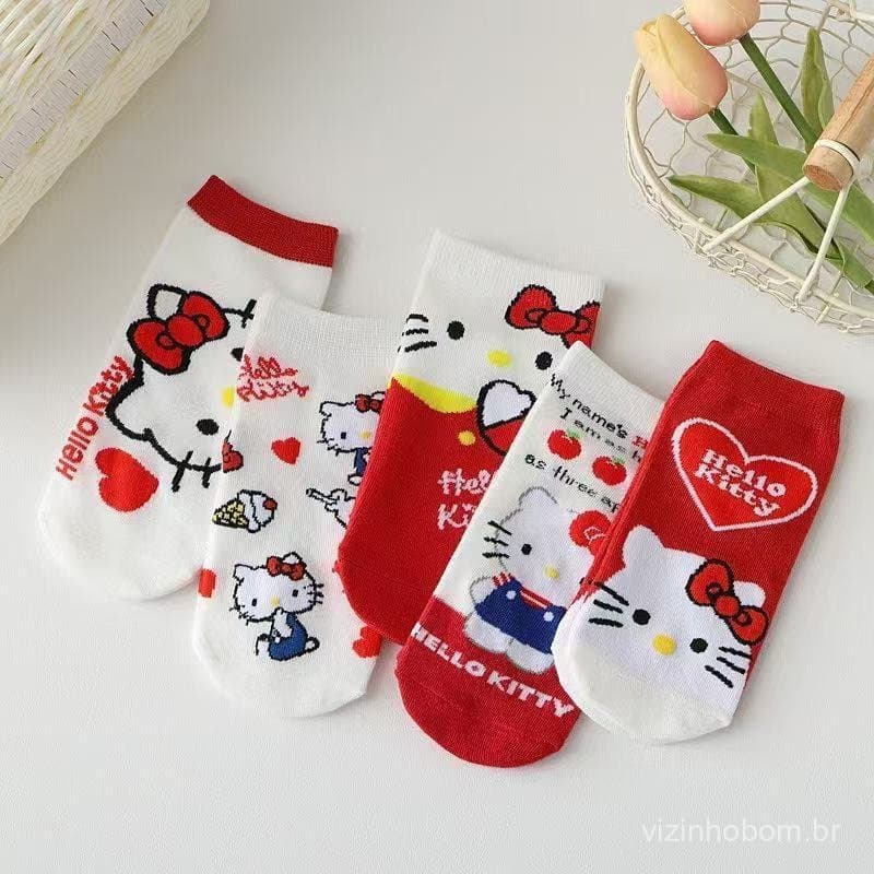 Meia Cano Médio Hello Kitty Estilo Japonês Anime Feminina Fofa Algodão Presente