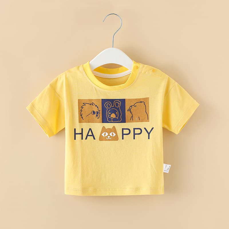 Roupas infantis verão crianças fina manga curta camiseta contraste cor gola impressa bebê amarelo topo em torno do pesco