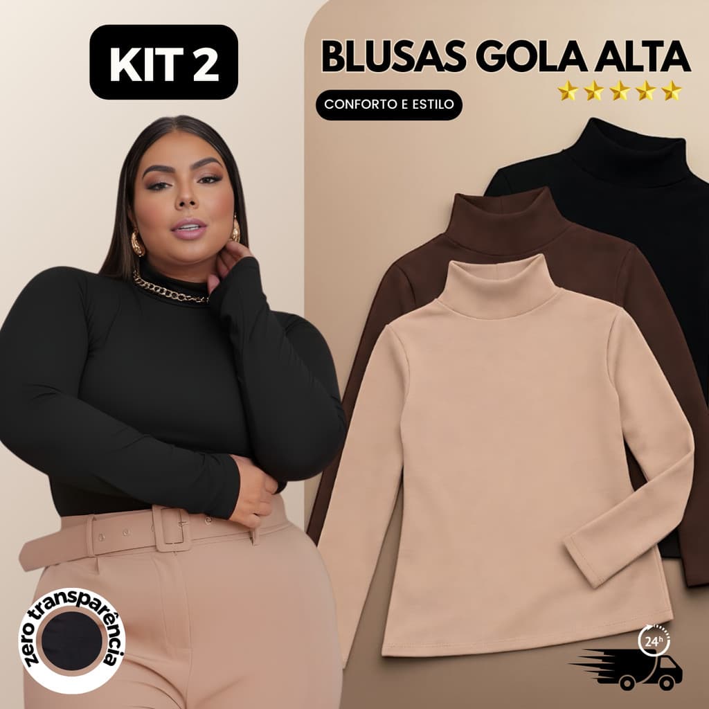 Kit 2 Blusas Feminina Plus Size Cacharrel Gola Alta Segunda Pele Básica Casual