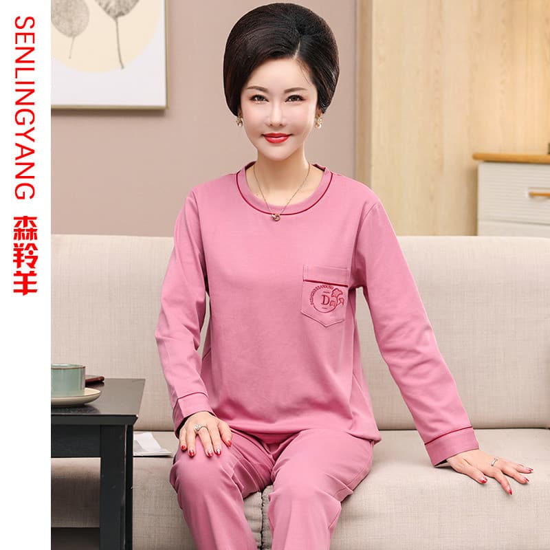 Pijama Casual feminino de manga comprida de algodão puro estilo fino pode usar fora da mãe de meia-idade solta
