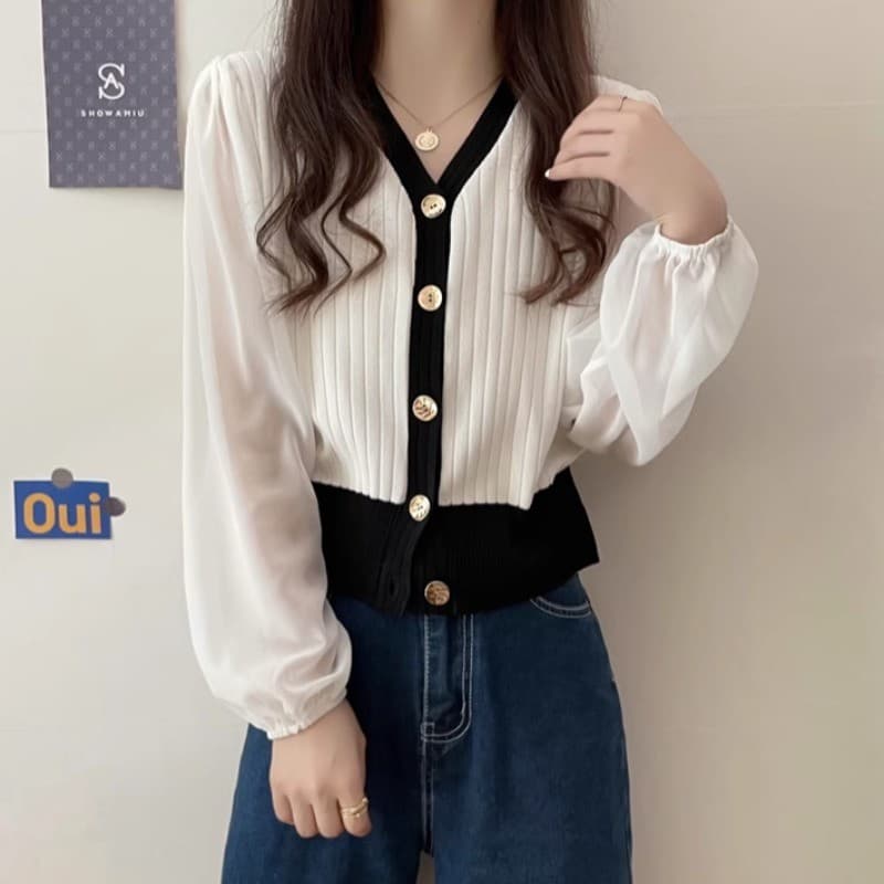 Francês com decote em V Chiffon costura camisola de manga comprida feminino gordura MM tamanho grande primavera novo est