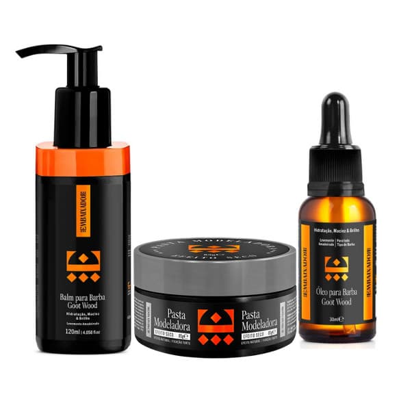 Kit Barba e Cabelo Masculino - Balm e Óleo para Barba Goot Wood + Pasta Efeito Seco Embaixador