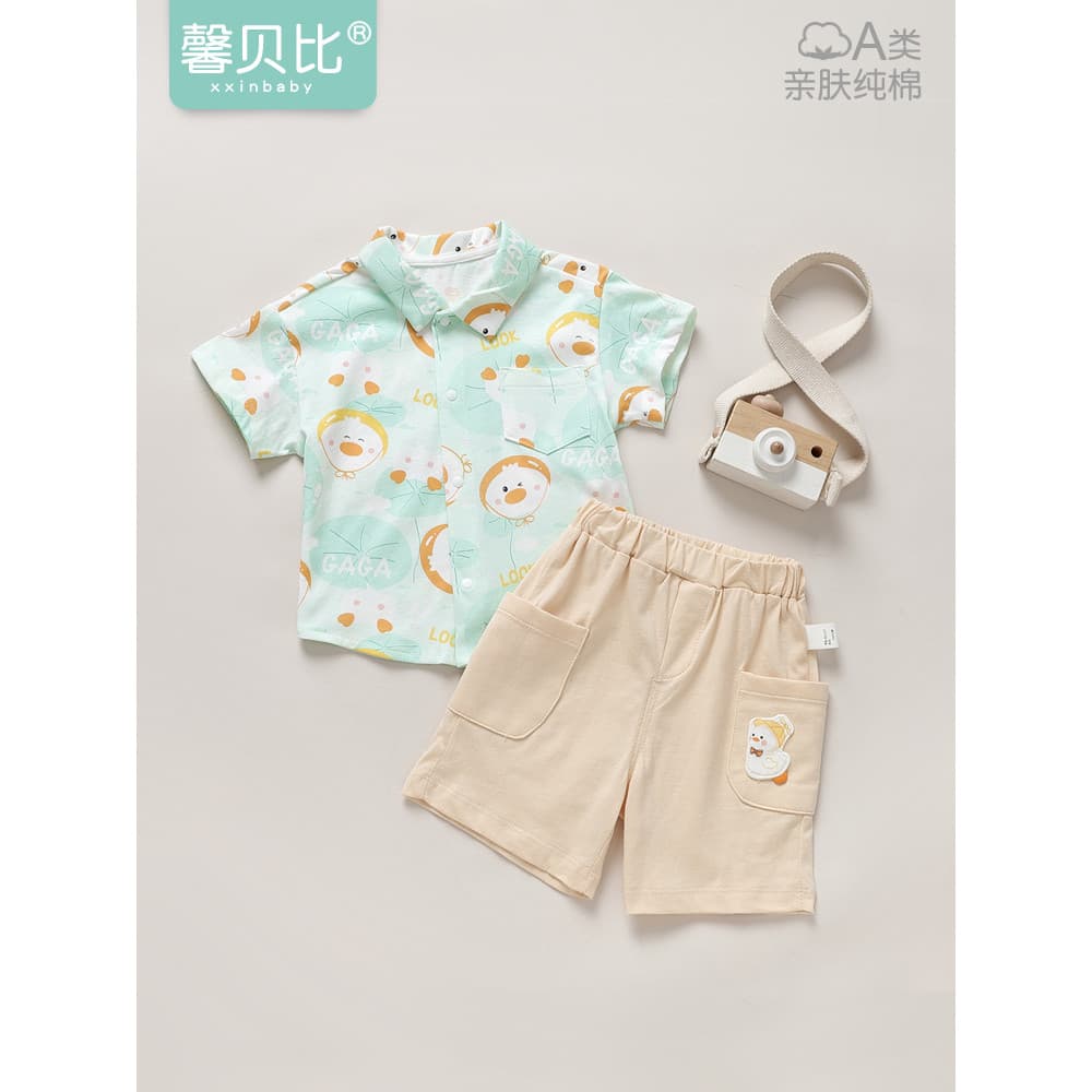 Xin Babe bebê puro algodão manga curta terno verão fino camisa do bebê Shorts roupas para casa crianças dividir roupas d