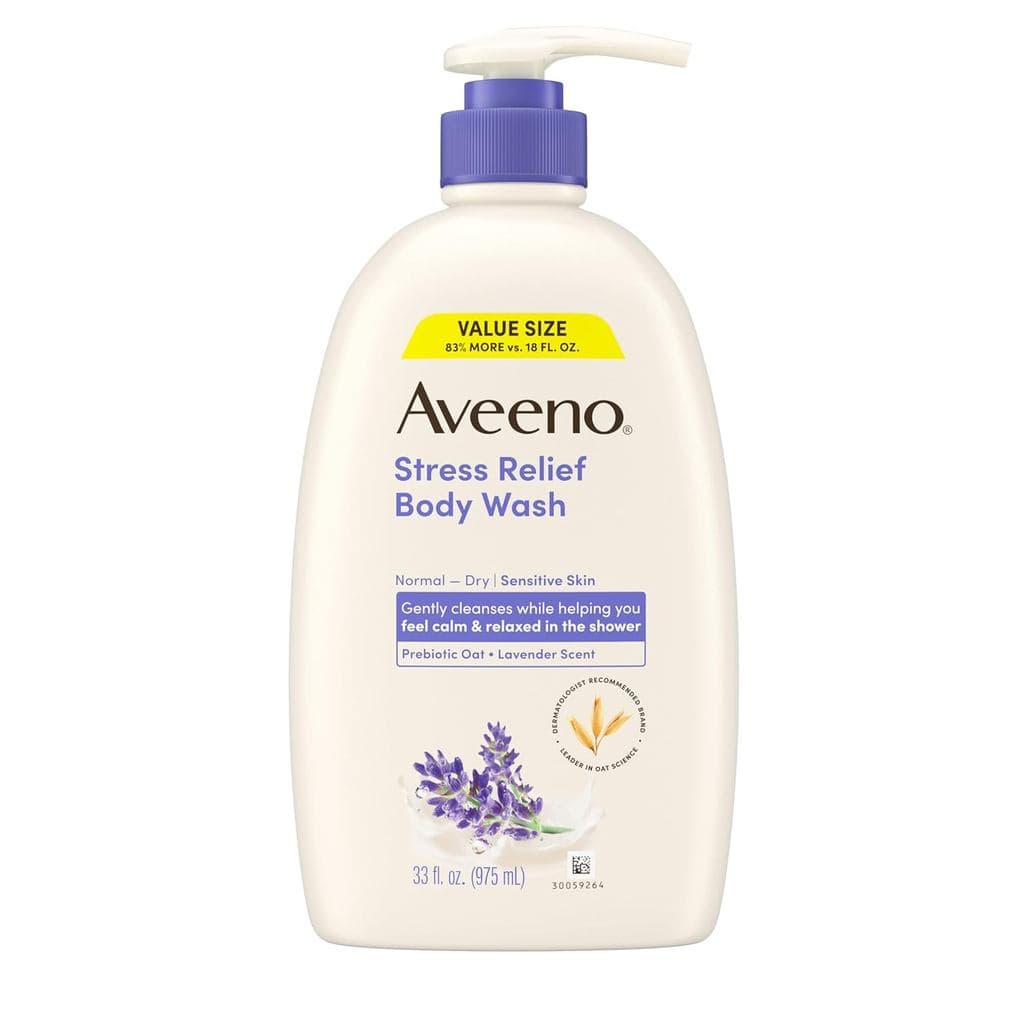 Gel de Banho Aveeno Stress Relief para Mulheres, Aroma Calmante de Lavanda e Aveia Prebiótica, Limpador para Pele Sensív