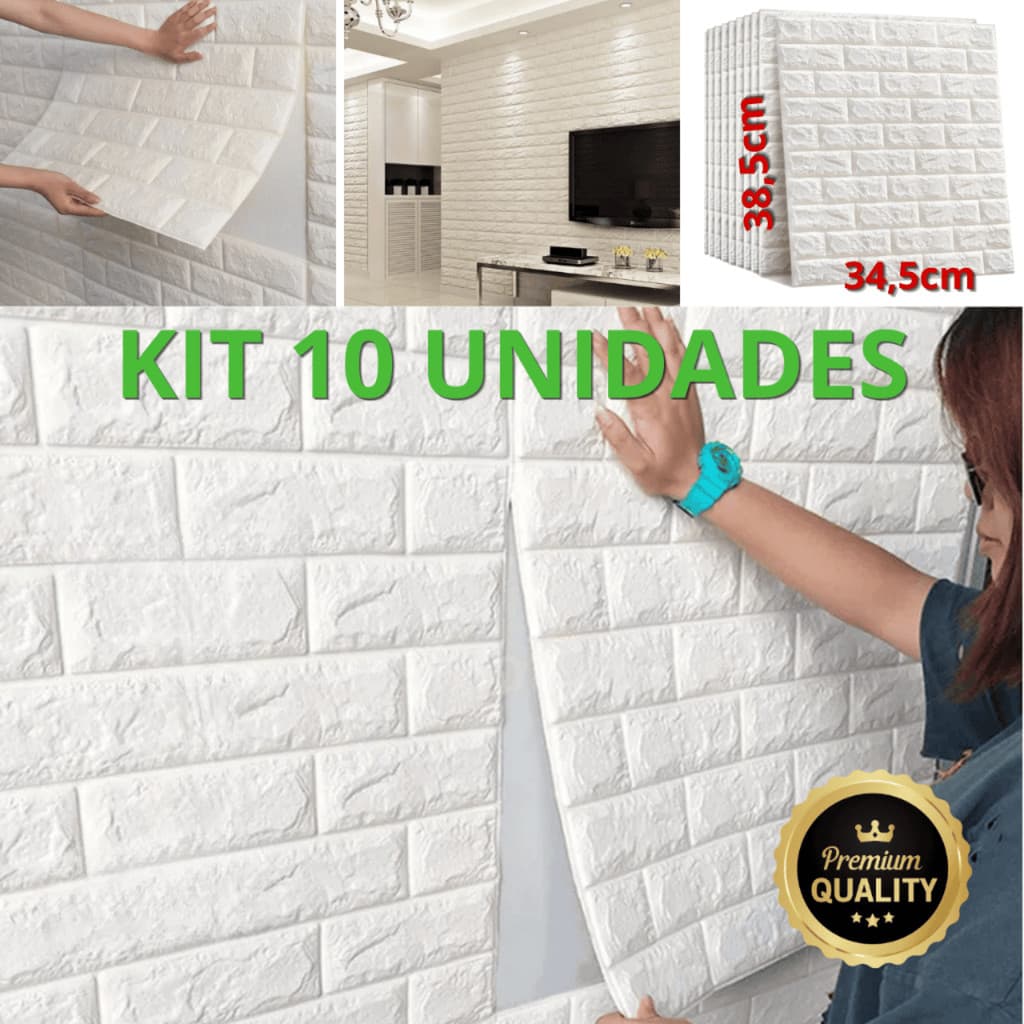 Kit 10 Placas 3D Tijolo Branco Adesivo Autocolante Decoração Quarto Sala Banheiro