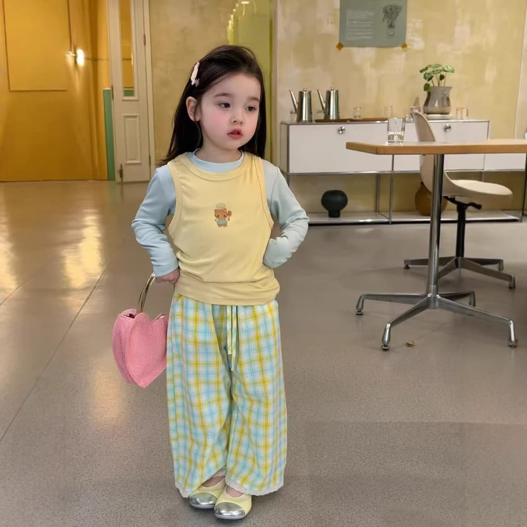 Versão coreana primavera estilo meninas dos desenhos animados colete camisa de fundo xadrez calças casuais terno criança