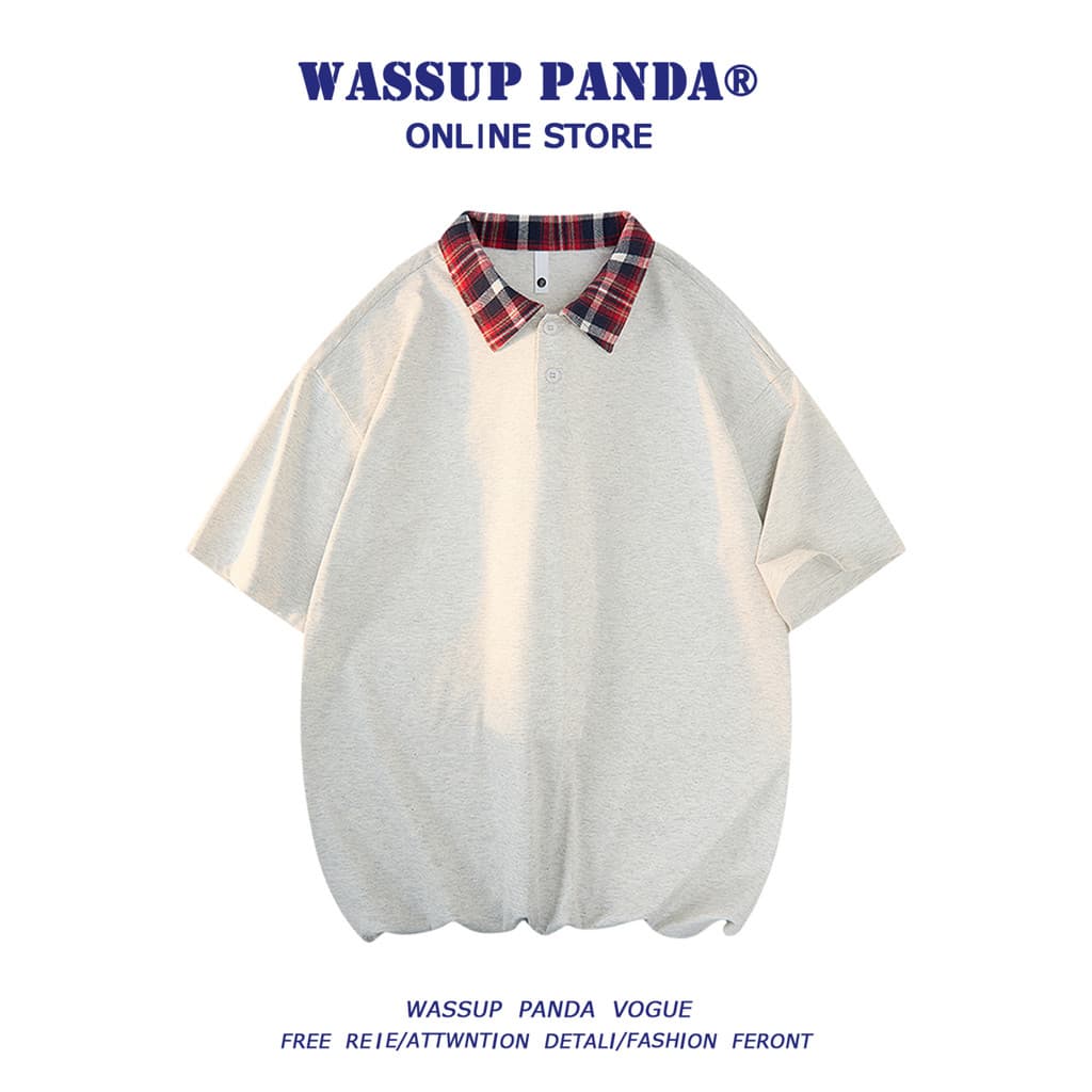 WASSUP PANDA Estilo Americano Contraste Cor Xadrez Lapela Camiseta de Manga Curta Homens Verão Street Wear Casal Camisa