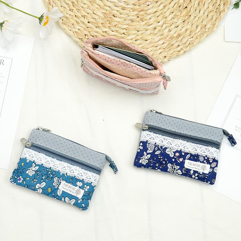 Flor tecido pequeno saco feminino zíper moeda bolsa Mini embreagem saco de pano Multi-compartimento saco de moedas titul