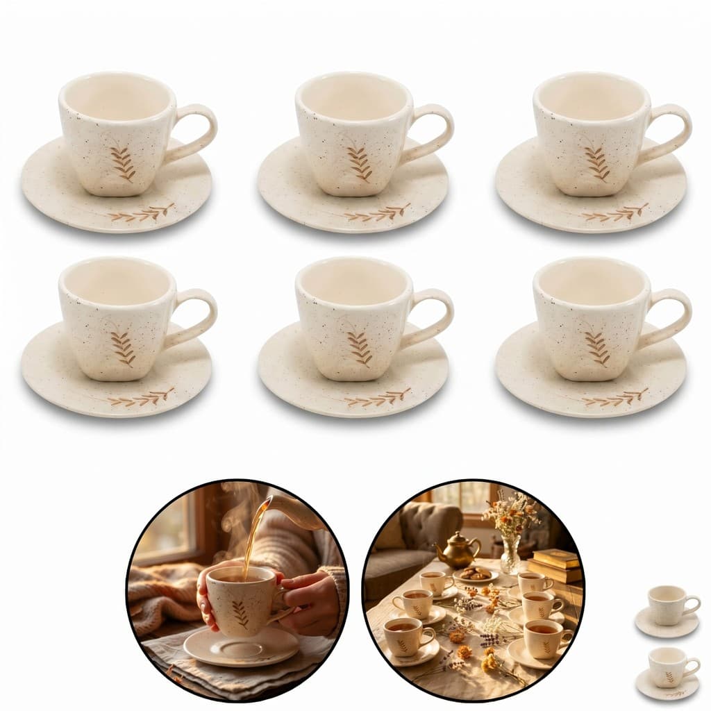 jogo de xícaras com pires de cerâmica esmaltadas artesanal para servir café chá mesa desenho branco trigo 150ml 12 peças