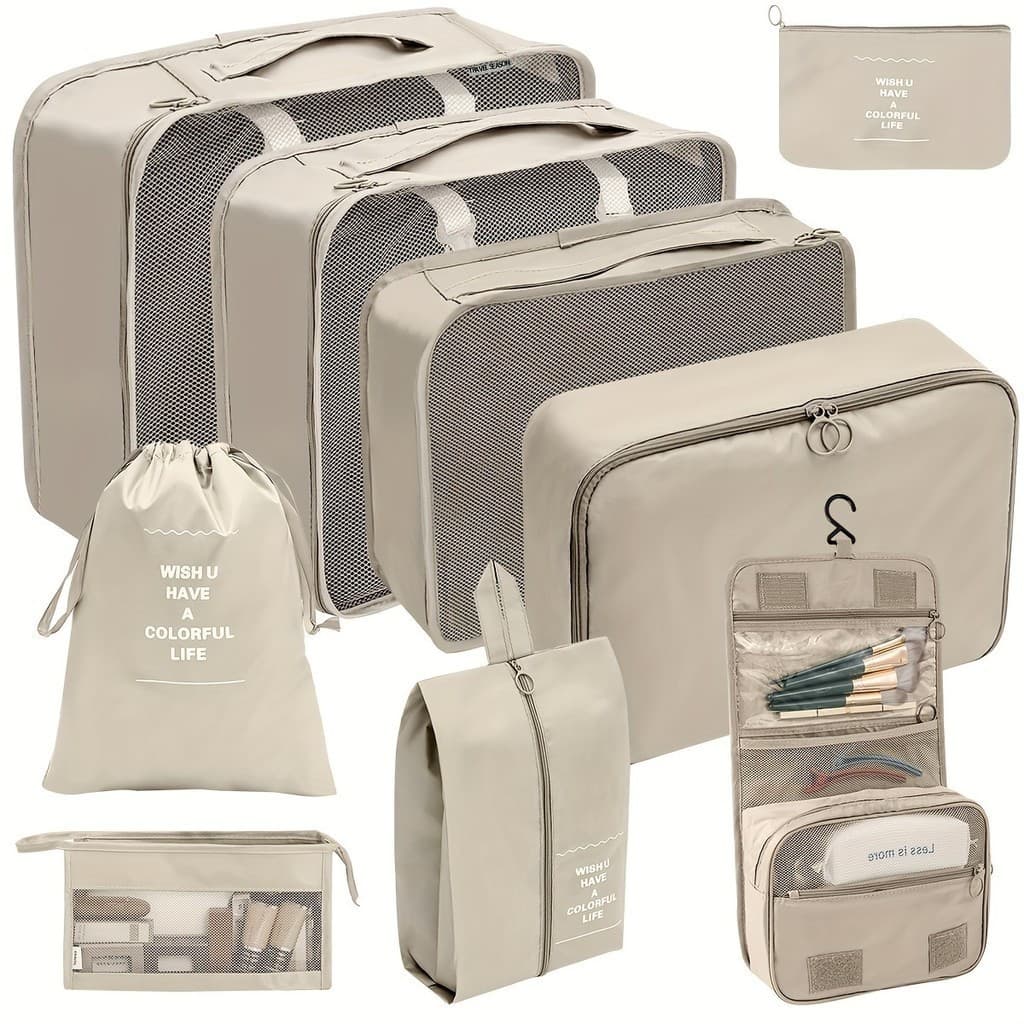 Conjunto De Organizadores De Viagem Com 9 Peças, Em Poliéster, Bolsas De Armazenamento Dobráveis Para Roupas, Sapatos