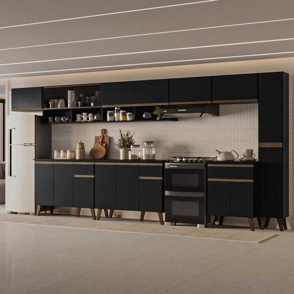 Armário de Cozinha Completa Atlanta Court com Vidro Carraro Preto Touch