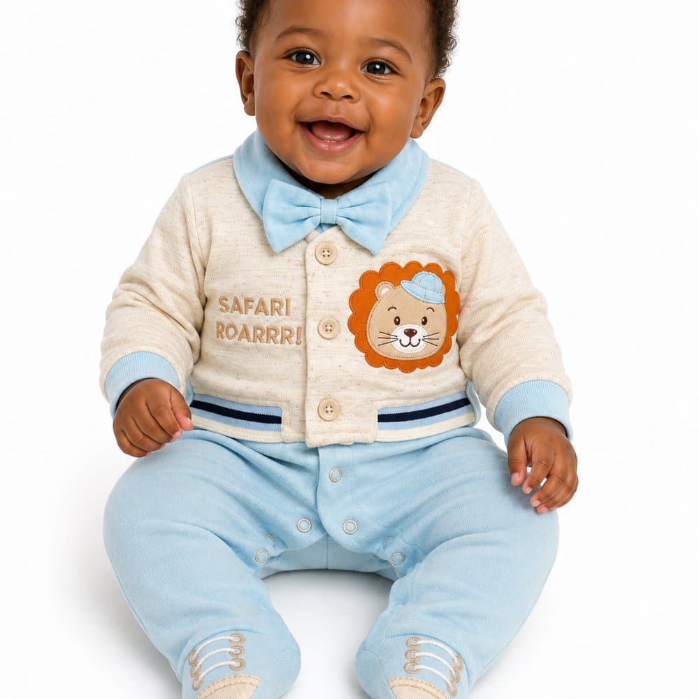 Macacão Bebê Menino Luxo Safari em Suedine Azul Claro - M.Baby