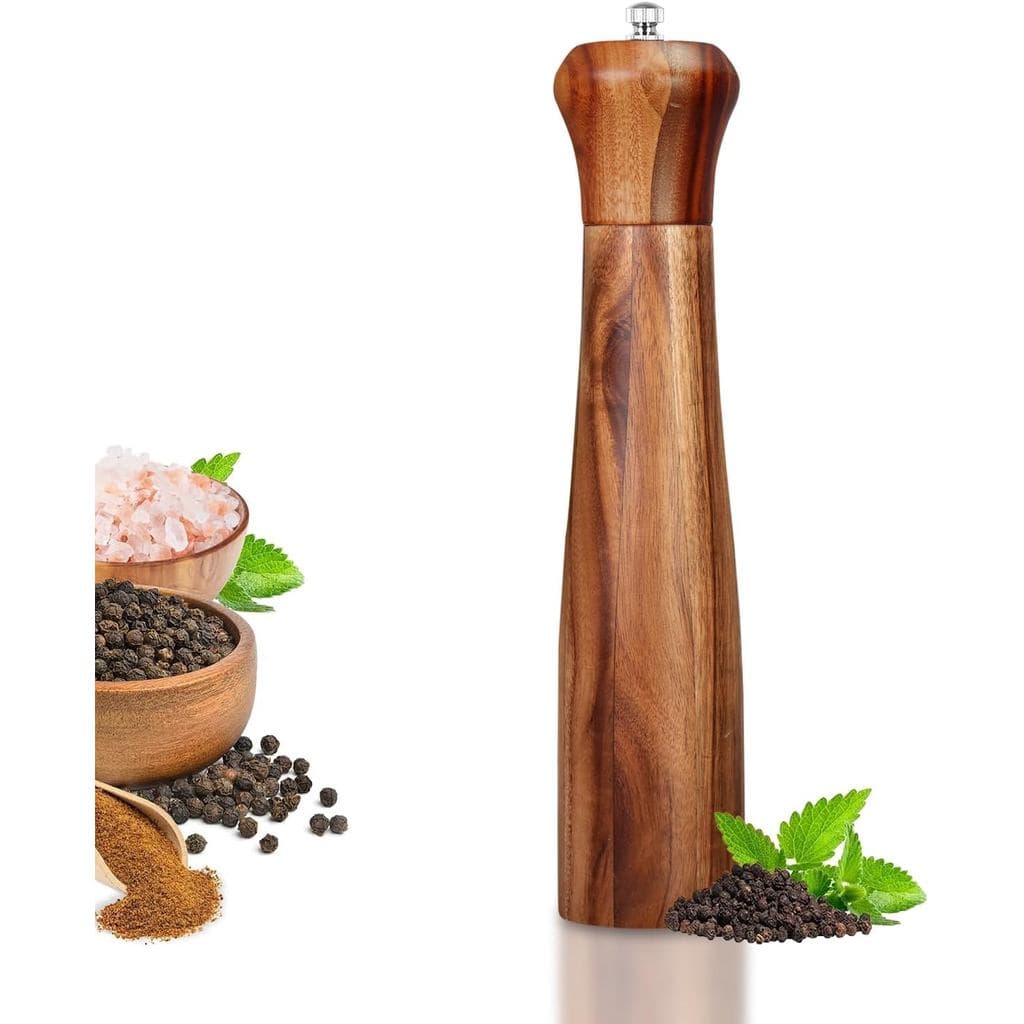 1 Unidade - Moedor de Pimenta ou Sal de Madeira de Acácia de 10 Polegadas de Altura, Elegante, com Rotor Cerâmico Ajustá