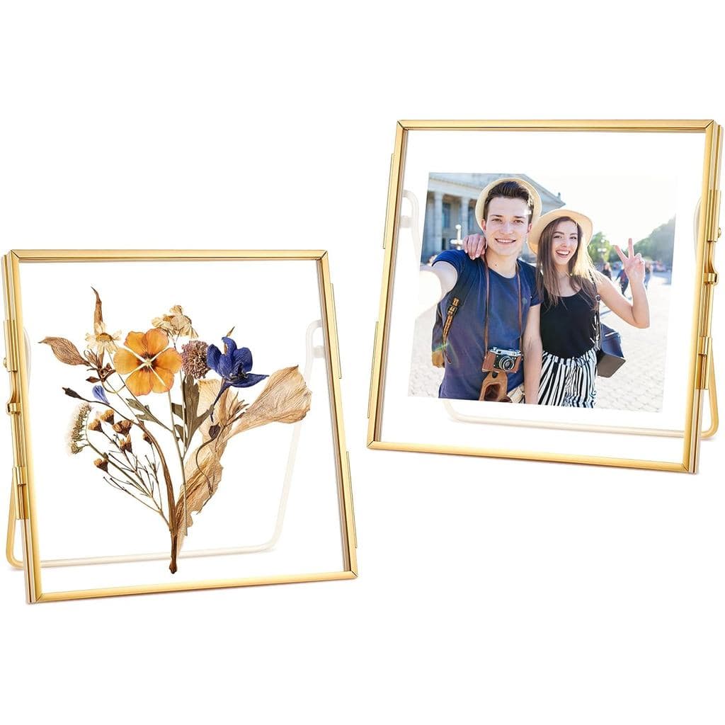 2Pcs Glass Frame for Pressed Flowers, Gold Floating Frame, 4x4 Small Picture Frames, Double Glass Square Picture Frames
