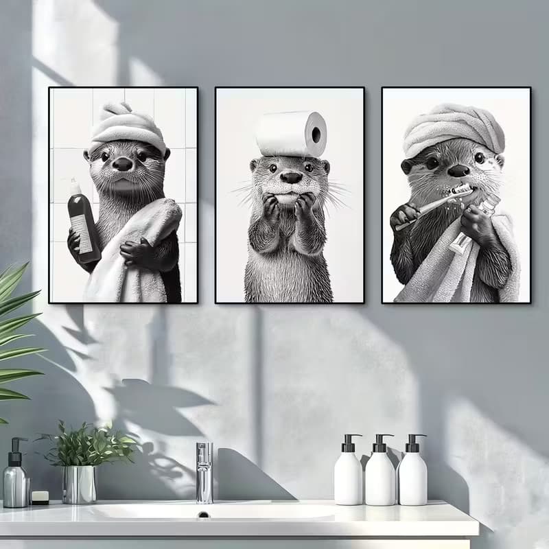 Conjunto 3 Quadros Decorativos Lontras Engraçadas - Arte de Parede Banheiro