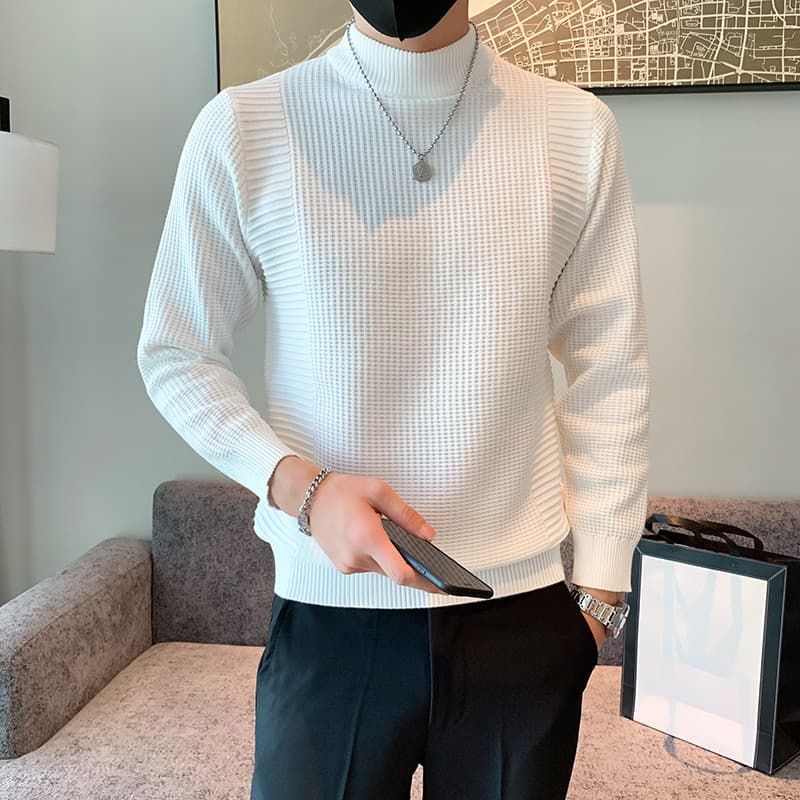Meia gola alta camisola masculina inverno forro de lã Waffle negócios fino-ajuste camisola de malha Casual All-match cor
