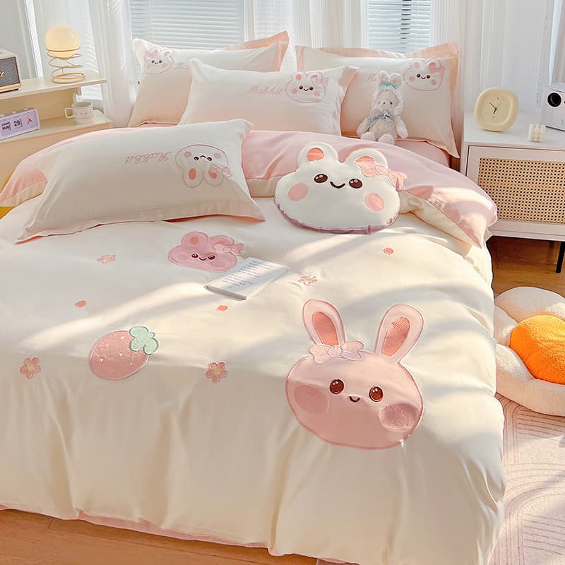 Ins estilo desenho animado algodão lavado conjunto de quatro peças roupa de cama primavera verão dormitório conjunto de