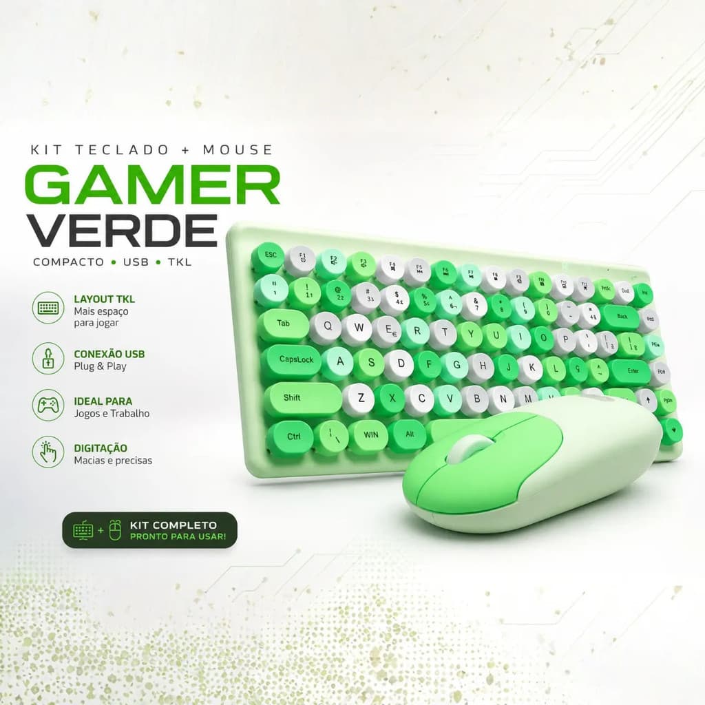 Kit Teclado Mouse Gamer Verde Tkl Usb Led Knup Abnt2 Retro PC Notebook