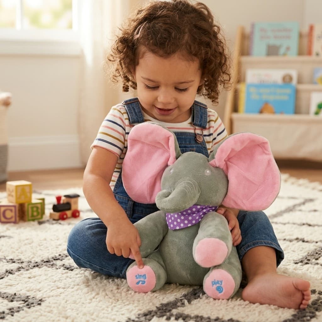 Elefante Animado Interativo Pelúcia Musical Peek a Boo Te achei Castela