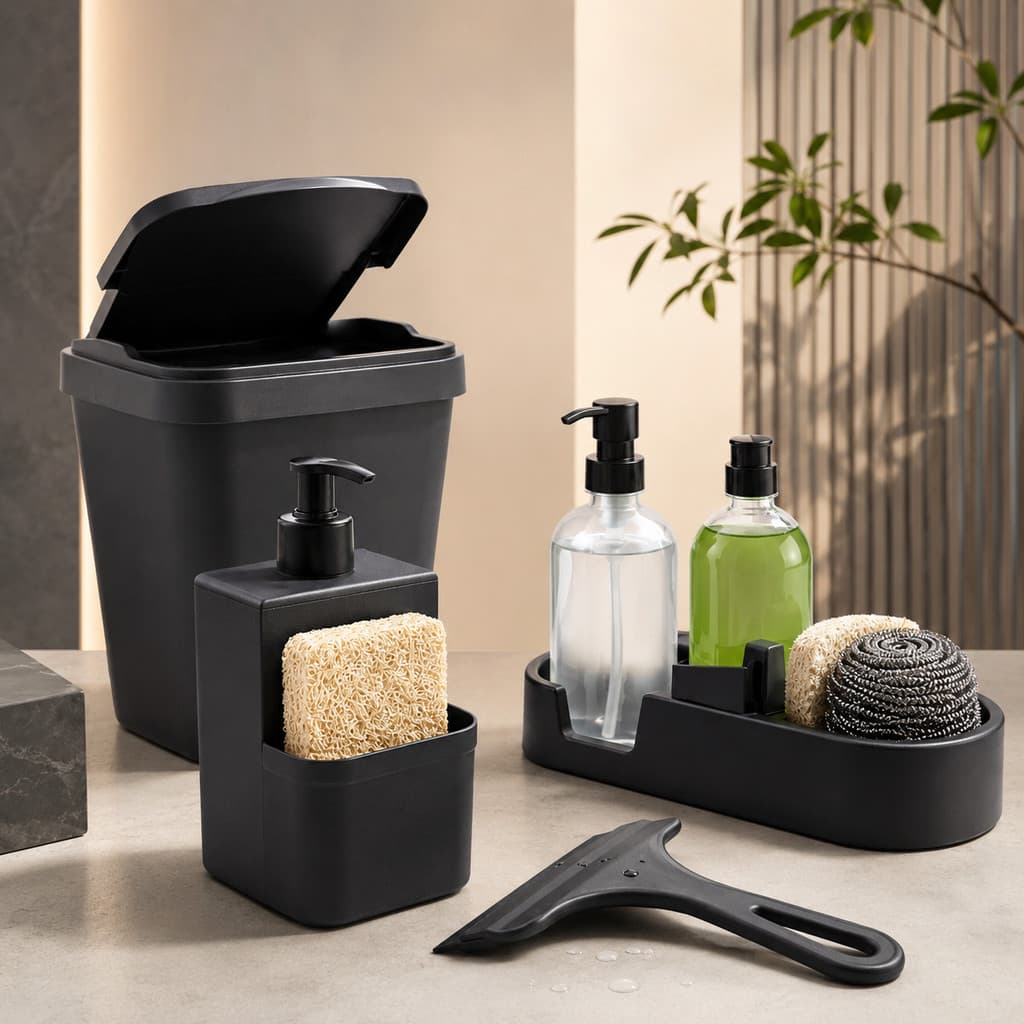 Kit Pia Cozinha Completo Luxo Organizador Porta Detergente Lixeira 5L Rodinho Moderno