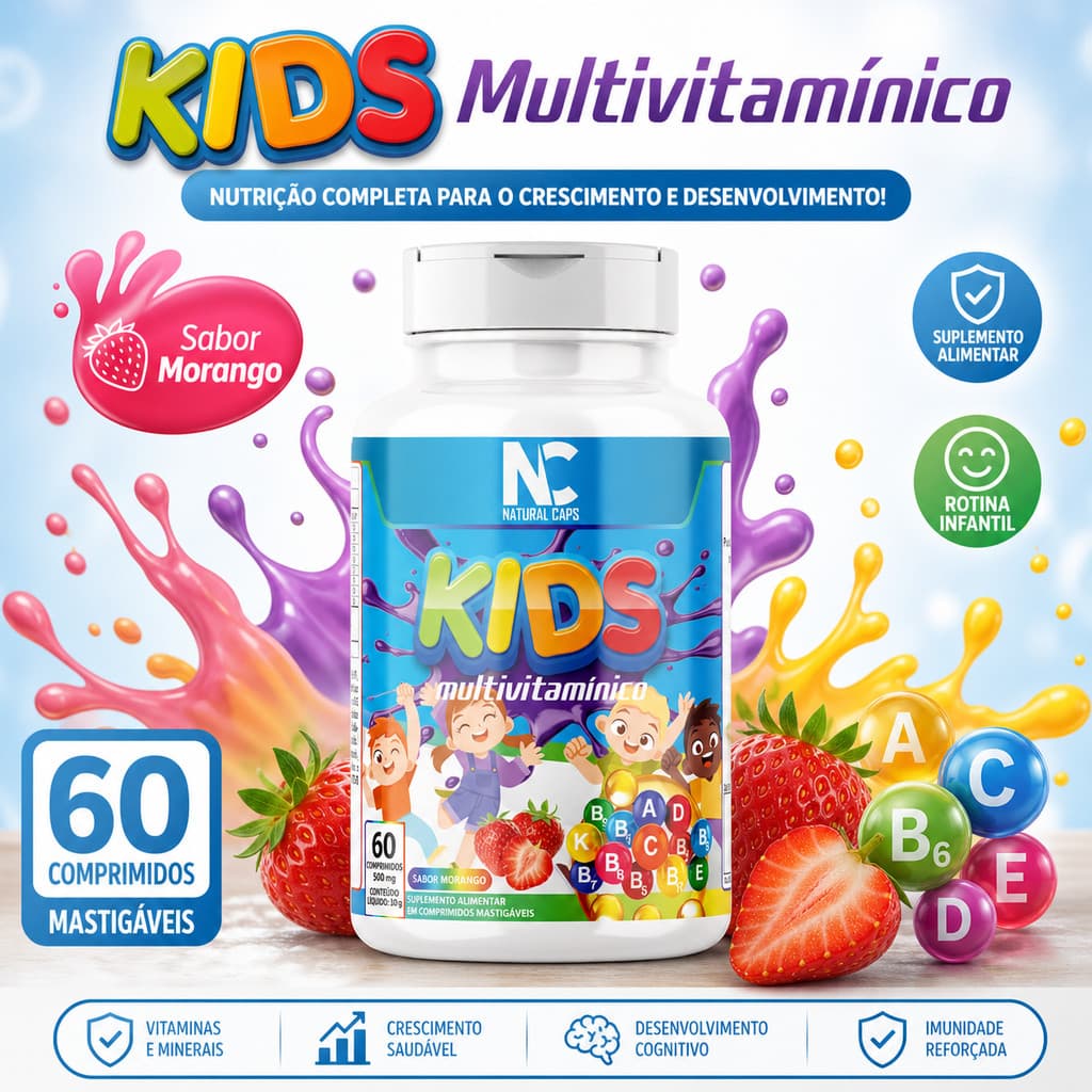 Vitamina Kids Infantil Mastigável Sabor Morango 60 Unidades