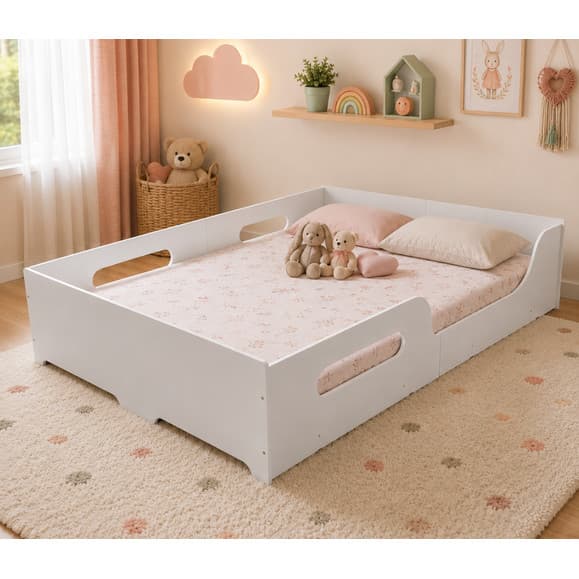 Cama Montessoriana Tamanho Casal Com Grades De Proteção 100% MDF Baixa Para Brincar Infantil