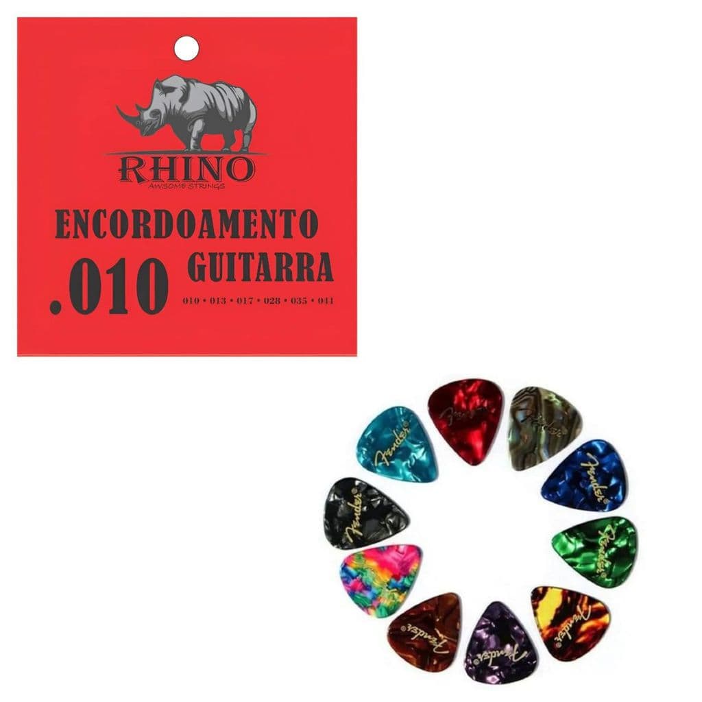 Kit Guitarra Elétrica Cordas Rhino 010 +  10 Palhetas