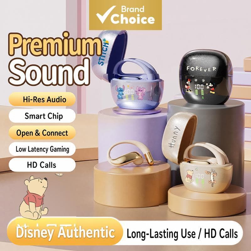 Fones de Ouvido Disney Q95 Open Ear: Fones Bluetooth TWS com Chamadas HD, Cancelamento de Ruído, Display Digital