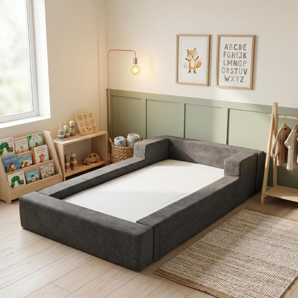 Cama Montessoriana Solteiro Desmontável Colchão Boucle Cinza