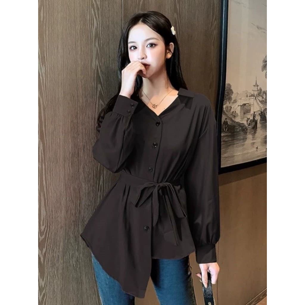 Novo estilo versão coreana moda meados de comprimento camisa branca feminina capa bunda All-Match primavera com decote e
