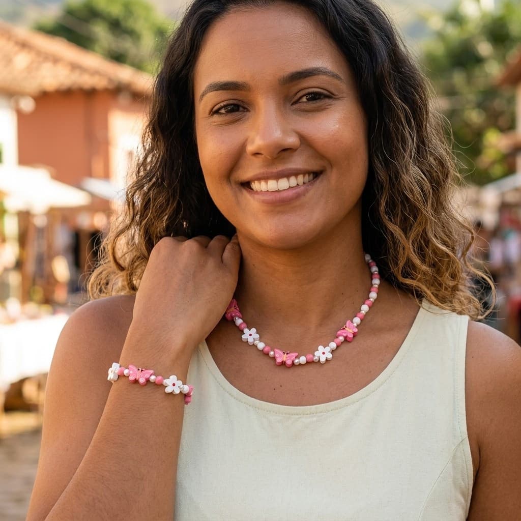 Conjunto de colar e pulseira com flores e borboletas para meninas, um mini conjunto de presente adequado para meninas e