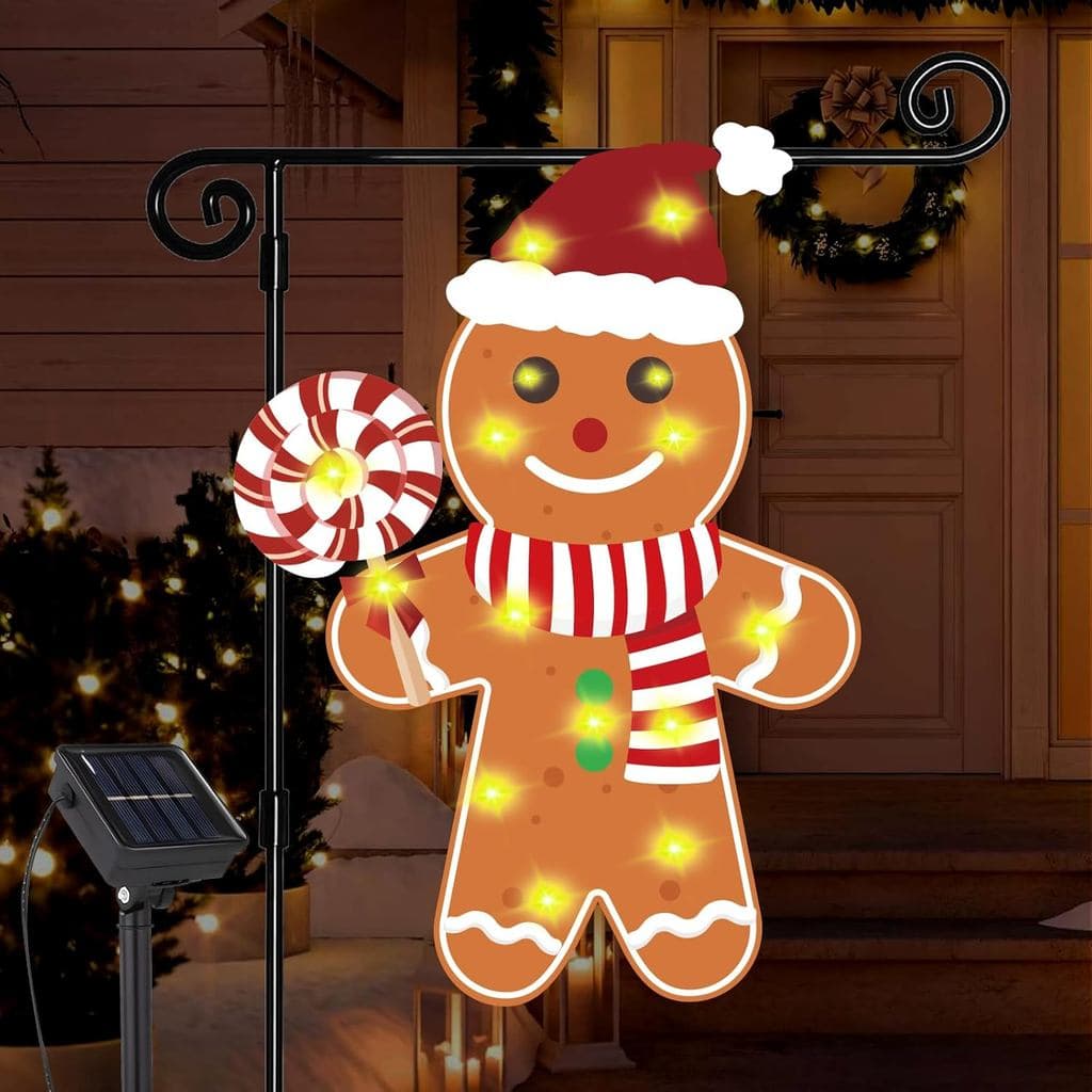 Bandeira de Jardim em Forma de Boneco de Gengibre GOAUS com Luz Solar, Decorações de Natal em Forma de Gengibre para Ext