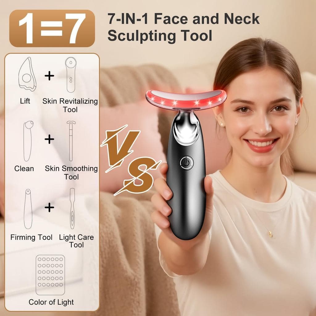 Luz Vermelha para Rosto e Pescoço, Ferramenta de Massagem Facial 7 em 1, Massageador Facial Portátil de 3 Cores para Cui