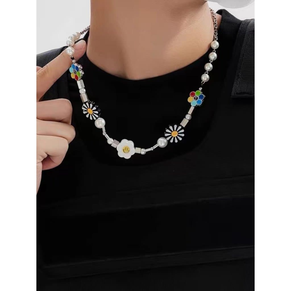 colar femenino colar Europeu americano Anti-guerra Smiley Face girassol pérola margarida costura colar masculino feminin
