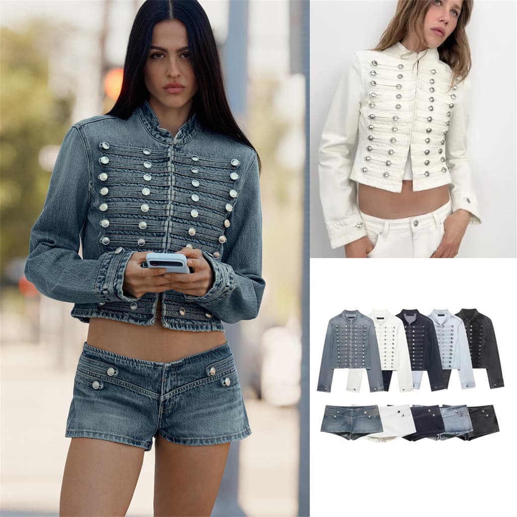 Moda Metal gancho fivela em torno do pescoço manga longa jaqueta jeans0695074 0695075+Shorts jeans0695003