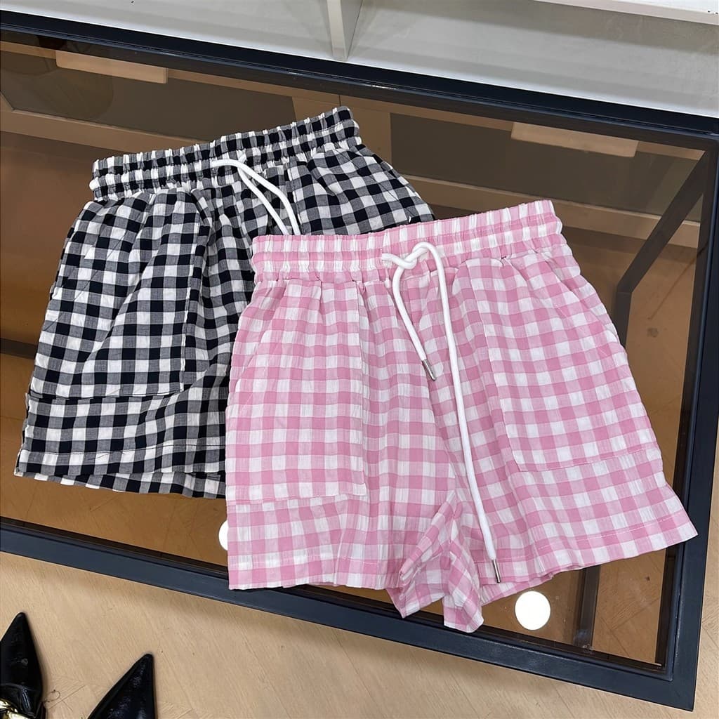 [Jing] Japonês Retro Simples Xadrez Casa Calças Casuais Mulheres Estilo Férias Cordão Reto Calças de Perna Larga C#31