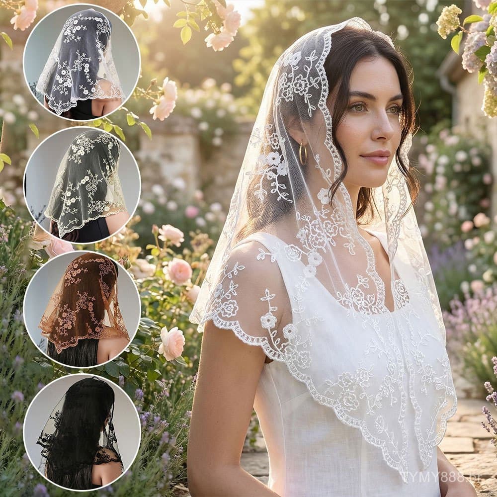 Lenço Triangular Multifuncional com Padrão Floral Bordado em Renda, Lenço Feminino Fino e Elegante