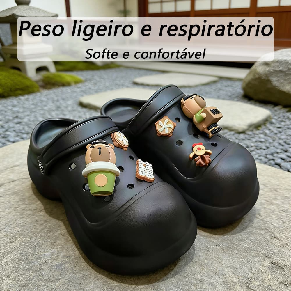 Sandália Feminino Sola Grossa Babuche Plataforma com Buracos e Bótons Estiloso Macio Confortável Anti-deslizamento