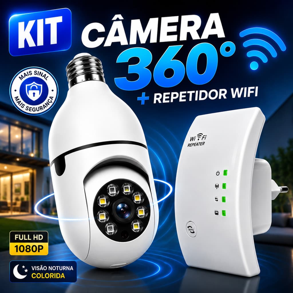 Camera WiFi Segurança Full HD 360° com Repetidor de Sinal WiFi 300M Visão Noturna