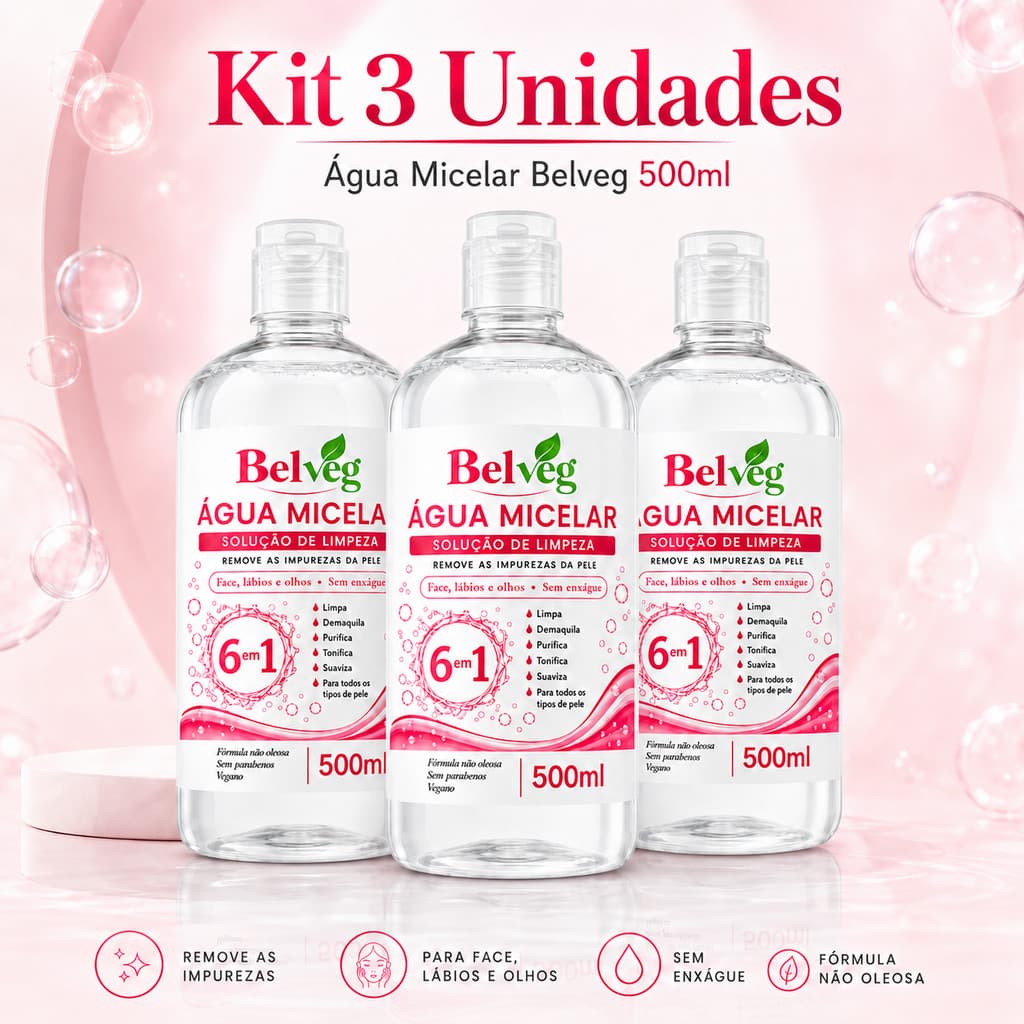 Kit Água Micelar BelVeg 500ml Limpeza Facial Suave Remove Impurezas e Maquiagem