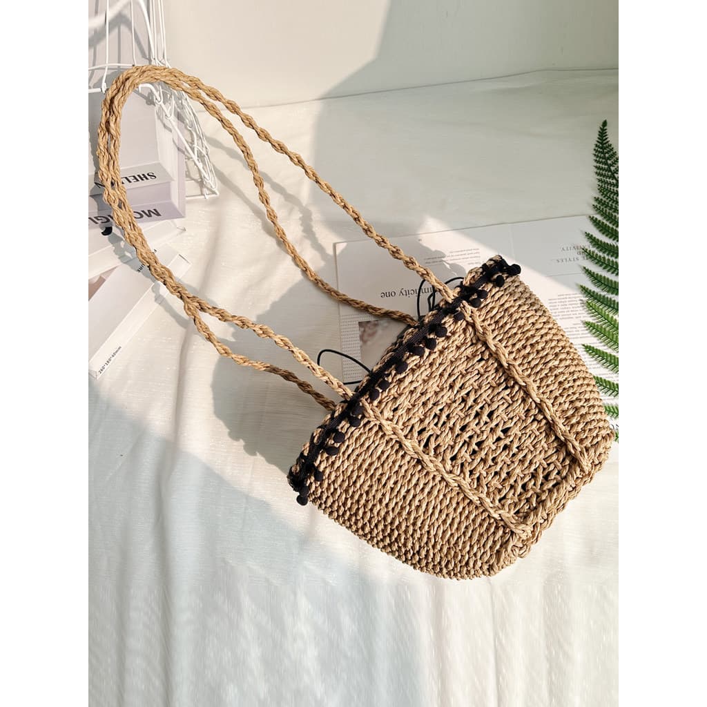 Saco de tecido feminino verão beira-mar férias praia saco do mensageiro saco de palha All-Match portátil Retro piqueniqu