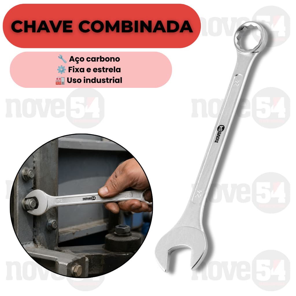 Chave Combinada 24mm Aço Carbono Cromada Fosca Industrial Para Porcas e Parafusos Nove54