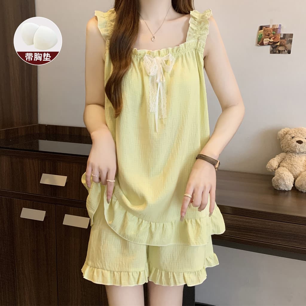 Pijama estilo doce com almofadas no peito feminino verão nuvem algodão 2026 novo estilo Suspender Shorts terno verde Lou