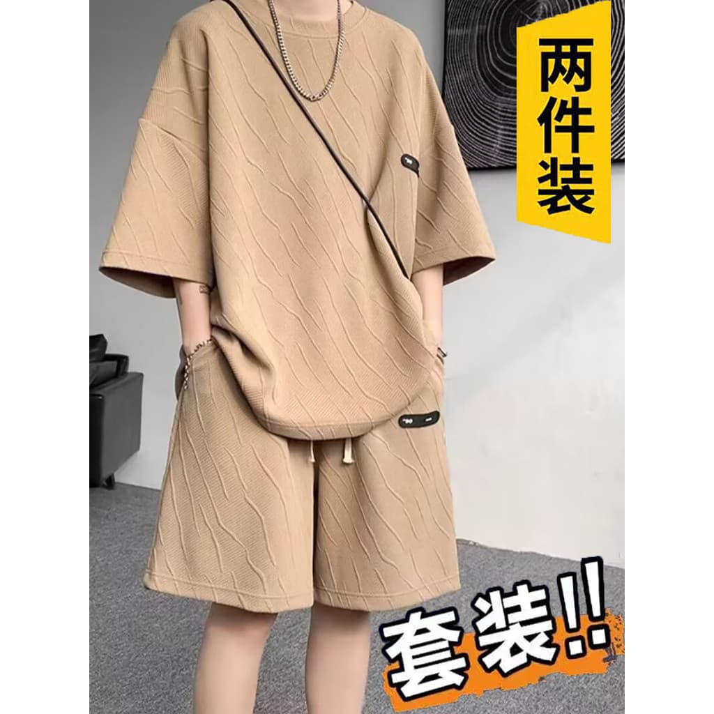 Juventude de manga curta camiseta shorts masculino de duas peças mais gordura plus Size na moda bonito Jacquard esportes