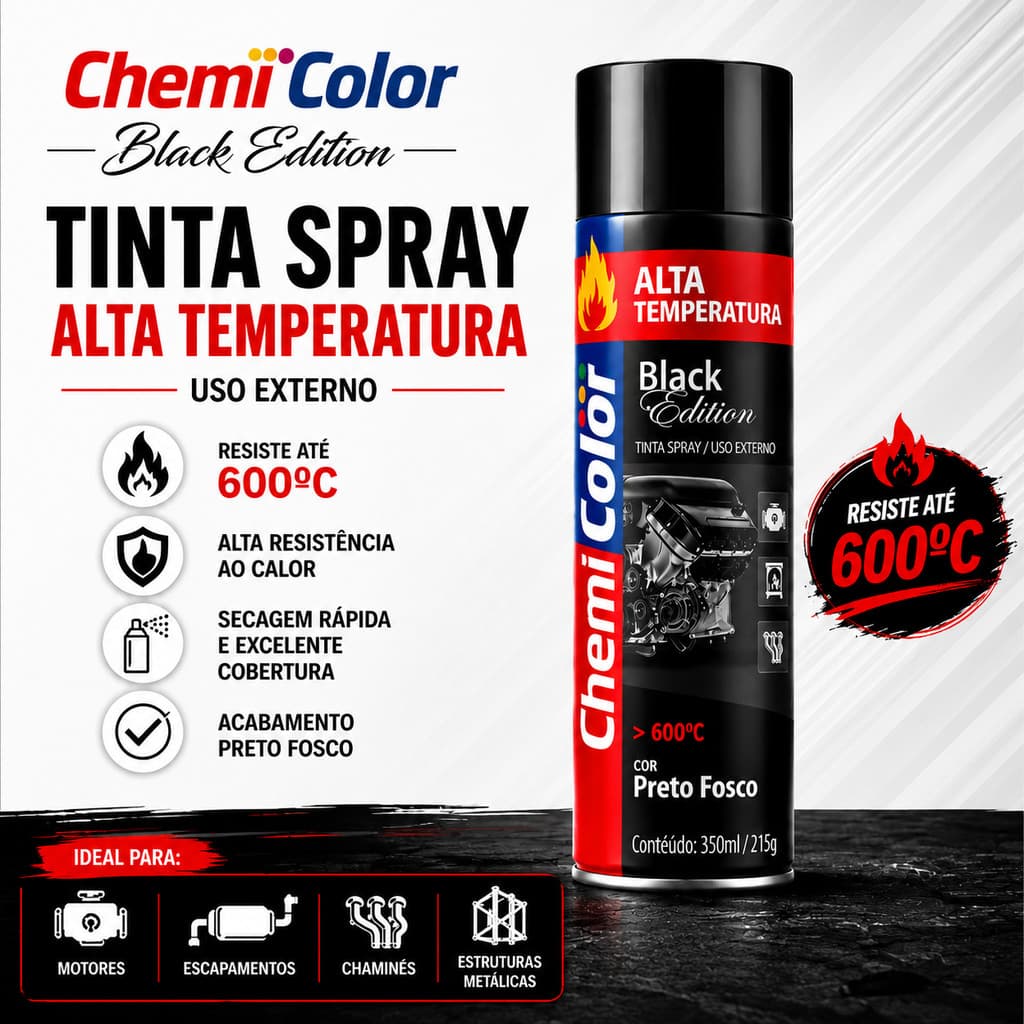 Tinta Spray Alta Temperatura 600°C Preto Fosco Chemicolor Black Edition Uso Externo para Escapamento Motor Churrasqueira
