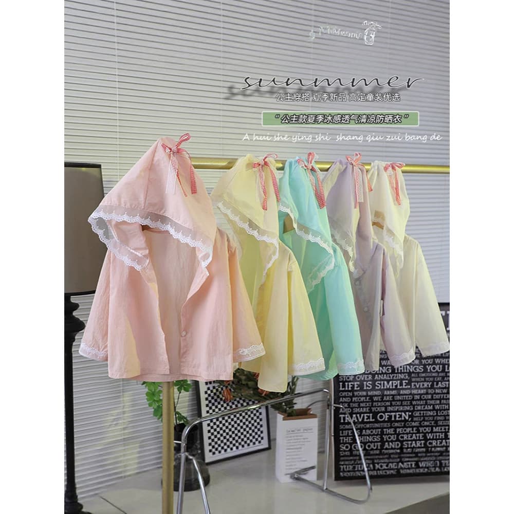 2026 novo estilo meninas sentido de gelo leve protetor solar roupas verão manga comprida com capuz laço arco dopamina mo